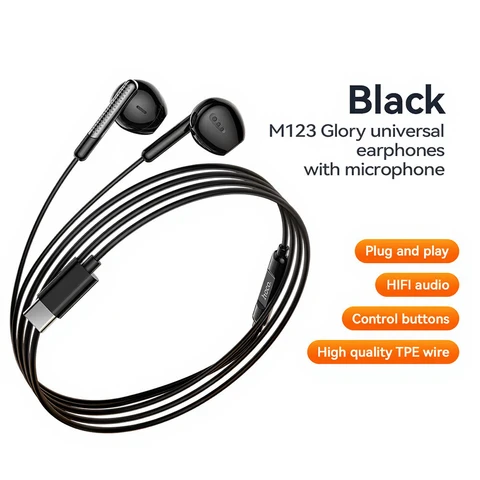 HOCO M123 USB-C Wired Earphones with Microphone - Black