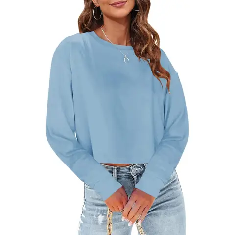 Woman Long Sleeve Cropped T Shirts Round Neck Casual Drop Shoulder Crop Tops Solid Sweater Tees (skyblue, S)