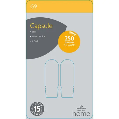 Morrisons Light Bulb LED Capsule Pin Base G9 Warm White 2.2W 250 Lumens 2pcs