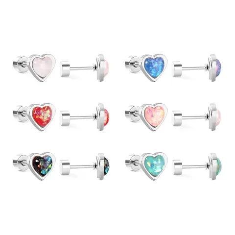 Heart Shaped Crushed Stone Mosaic Stud Earrings, Silver Tone Surgical Steel Screw Backs