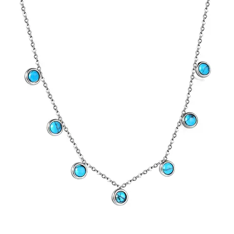 Silver Tone Stainless Steel Station Necklace with Blue Turquoise, 40+5cm Boho Charm Choker