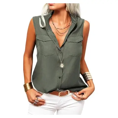 Women's Solid Lapel Sleeveless Tank Tops Summer Button Down Shirts Office Ladies Shirts (militarygreen, S)