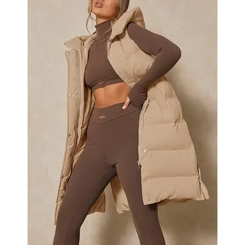 Women's Down Vest with Stand Collar Thick Hooded Sleeveless Long Coats Jacket (Khaki, S)
