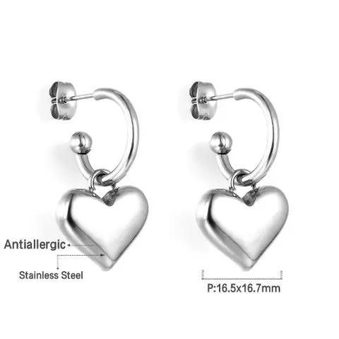 Silver Tone Stainless Steel Heart Dangle Hoop Earrings, Hypoallergenic Heart Charm Huggies