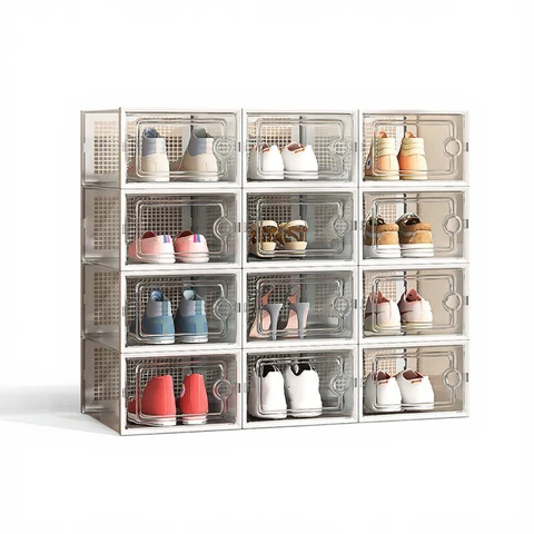 ochama Schoenenopberger Transparante schoenendozen - Doorzichtige, duurzame schoenenorganizer, stofdichte plastic schoenendoos, stapelbare plastic dozen, 12 stuks stapelbare schoenendozen met deksel, ventilatieroosterontwerp - thuisopslag, organizer, 23*33*14 cm