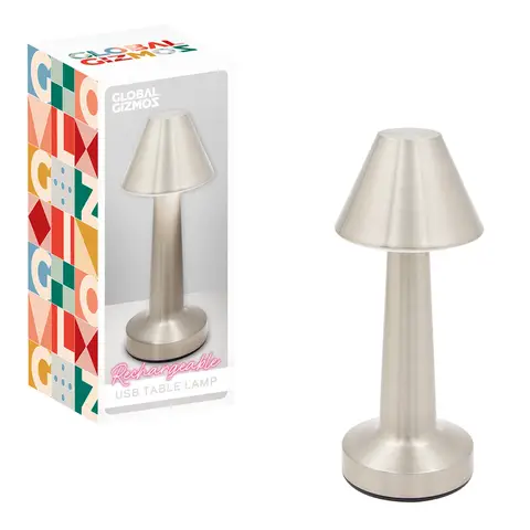 Global Gizmos Table Lamp Portable LED Rechargeable Silver 200 x 90 x 90 mm (H x W x D)