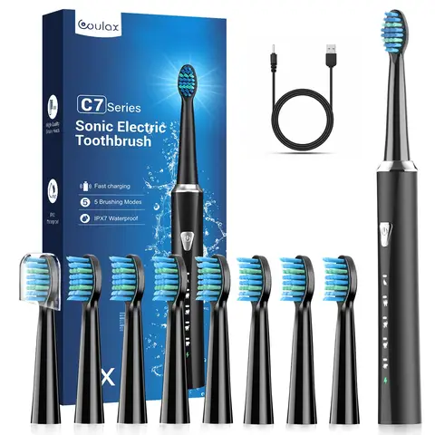 Coulax Hollow-Cup Sonic Electric Toothbrush - 40,000 VPM, 5 Modes, 120-Day Battery, 8 DuPont Brush Heads - Black
