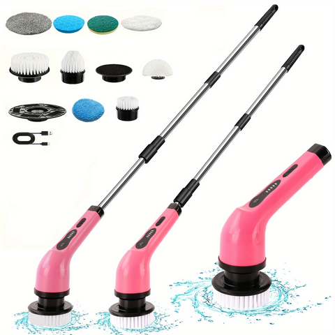Iagreea Electric Spin Scrubber – Rechargeable, 2-Speed, Multi-Head Attachments, Basic Design, 9 Replacement Heads, – Pink & Whi