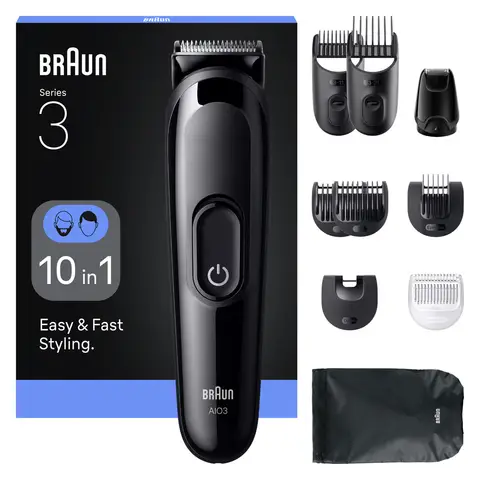 Braun All-in-One Series 3, 10in1 Grooming Kit, Sharp Blade, 14 Lengths, AIO3560, Black