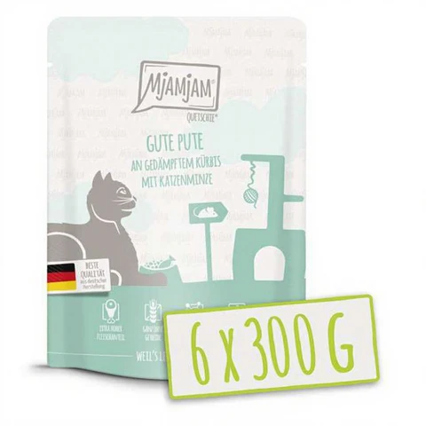 MjAMjAM - Quetschie - Goede kalkoen met gestoomde pompoen en kattenkruid 300g*6