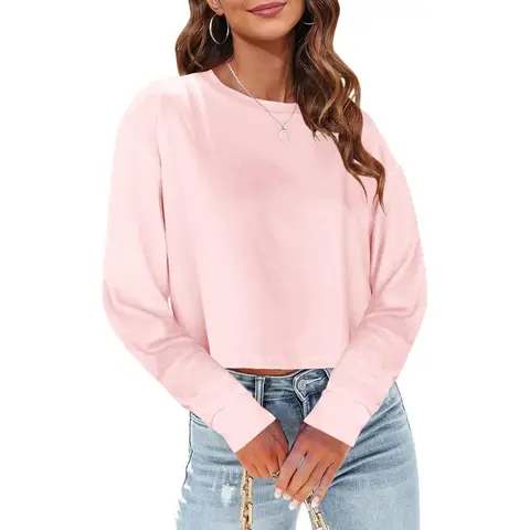 Woman Long Sleeve Cropped T Shirts Round Neck Casual Drop Shoulder Crop Tops Solid Sweater Tees (Pink, S)