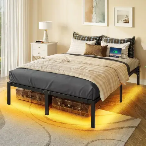 Rolanstar 180x200 cm iron bed frame with LED lights and power strips for charging functions 180 cm×200 cm