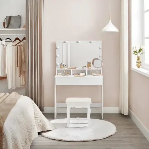 Vasagle Dressing Table with LED Lighting, Vanity Table with Mirror, Adjustable Brightness, 2 Drawers and 3 Open Compartments, Modern, White