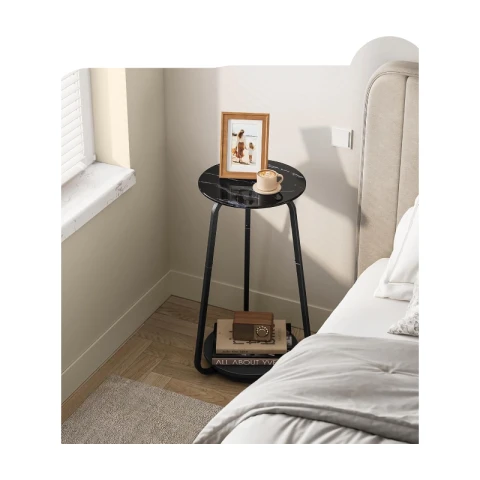 VASAGLE Round Side Table Bedside Table 2 Tier Sofa Table with Glass Top and Chipboard Shelf for Living Room Bedroom Small Rooms Modern Marble Black LET