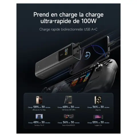 CUKTECH Power Bank 100W, chargeur portable USB C 10000mAh avec écran TFT intelligent pour iPhone 16/15 Series PB100P Couleur : Noir