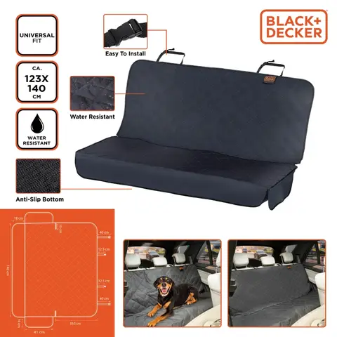 BLACK+DECKER Rücksitzschutz fürs Auto, 123 × 140 cm, Wasserdicht, Rutschfest, Universelle Passform, Für Haustiere
