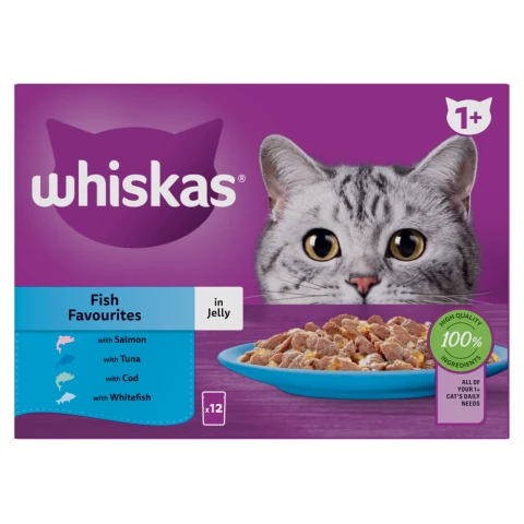 Whiskas 1+ Fish Favourites Adult Wet Cat Food Pouches in Jelly 12 x 85g