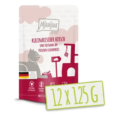 MjAMjAM Quetschie Nourriture pour chat à la venaison, dinde et canneberges - 12 x 125 g 