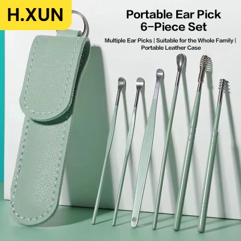 H.XUN Ear Pick Set 6-piece Set Leather Case Safe and Portable Essential for Home and Travel Random Color