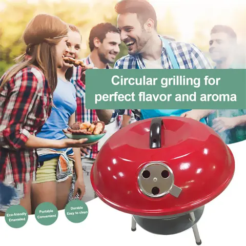 Gril Barbecue Rond Portable Huacan - Rouge - Avec Couvercle Coupe-Vent, idéal pour Camping, Plage et Pique-niques
