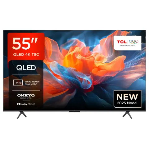 TCL 55T8C 55” QLED 4K Ultra HD, HDR PRO TV, Smart TV Powered by Google TV (Dolby Vision & Atmos, 144Hz Motion Clarity Pro, Voice Control, compatible with Google Assistant, Google Cast)