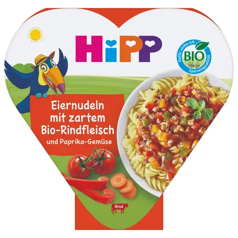 HiPP Kinder-Teller Eiernudeln mit zartem Bio Rindfleisch und Paprika Gemüse ab 12. Monat 250 g