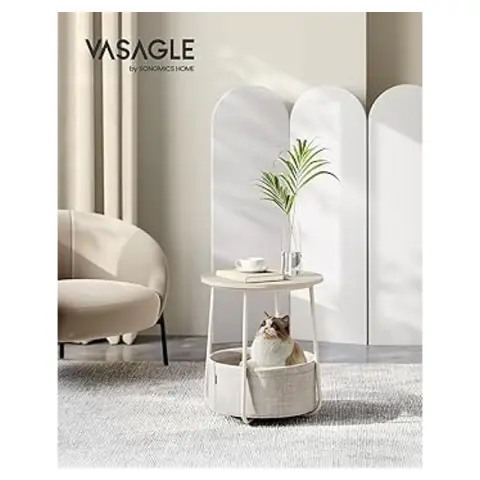 VASAGLE Beistelltisch Runder Tisch Stoffkorb Geräumig Wohnzimmer Schlafzimmer Nachttisch Modern Cremeweiß