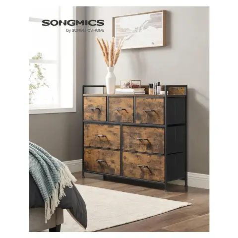 SONGMICS Chest of Drawers Bedroom Cabinet 7 Fabric Drawers Handles Metal Frame Rustic Brown Ink Black