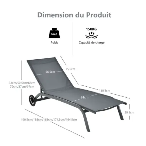 COSTWAY Chaise longue inclinable d'extérieur réglable à 6 positions avec roulettes - Gris