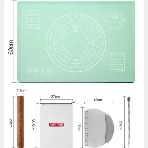 J.Zao Anti-Bacterial Silicone Dough Mat 80*60 cm - Non-Stick Baking Mat with 80*60 cm Measurements, Free Rolling Pin, Dough Scraper, Binding Strap, Storage Bag