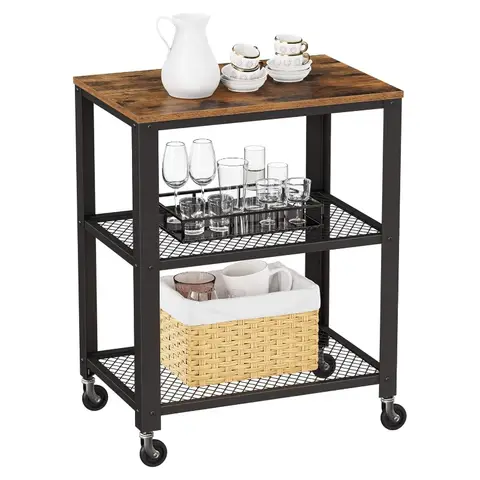 VASAGLE vintage rolbare dienwagen, rustieke opbergrek met wielen voor keuken en woonkamer, 3-laags