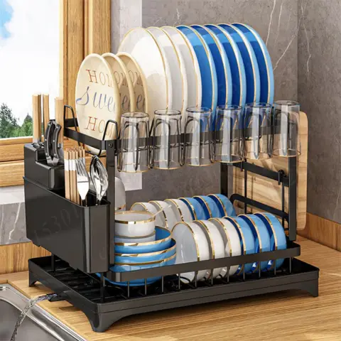 Huacan Metal Draining Rack for Kitchen Sink Large-capacity Dish Drying Tilted Water Tray black Multifunctional Storage Rack
