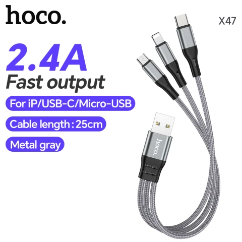 HOCO X47 3-in-1 Harbor 2.4A fast charging cable(iP+Micro+Type-C) - 0.25M Metal Grey