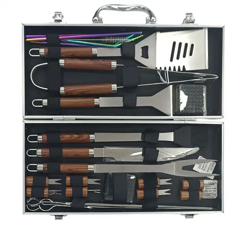 Huacan 23-teiliges Outdoor-Camping-Grillwerkzeug-Set – mit Holzgriff (Gabel, Schaufel, Clip) und Stofftasche, aus Edelstahl