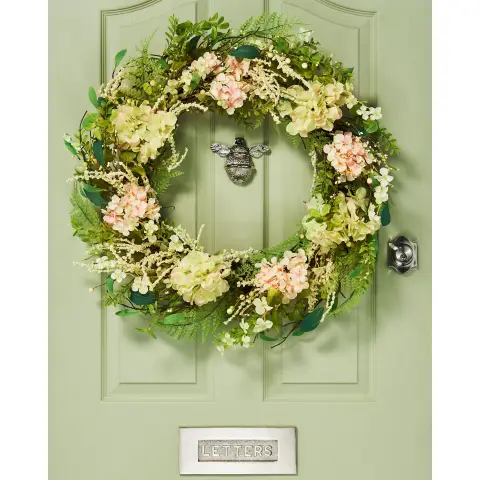 WeRChristmas Large Artificial Floral Hydrangea Spring Wreath, Peach and White, 28 Inch