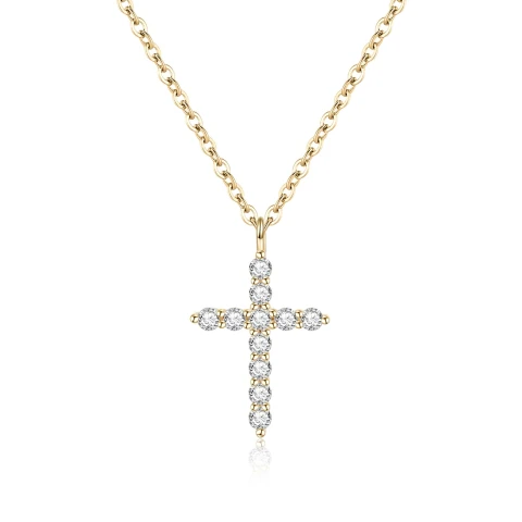 Ever Faith Dainty 14K Gold Cross Necklace for Women, 925 Sterling Silver Cubic Zirconia Tiny Cross Pendant Necklace Birthday/Mothers Day/Valentines Day/Christmas Jewellery Gift