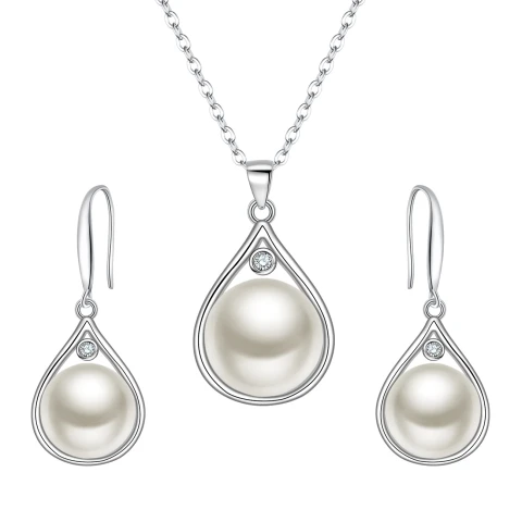 Ever Faith 925 Sliver CZ Freshwater Pearl Teardrop Pendant Necklace Dangle Hook Earrings Set for Wedding Bridal, Valentines/Birthday/Christmas/Mother's Day Jewellery Gift for Mom/Wife/Women