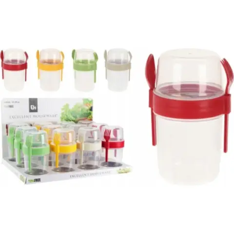Pot de yaourt à salade - 1 cuillère + 1 fourchette - 1100 ml - 4 couleurs expédiées au hasard