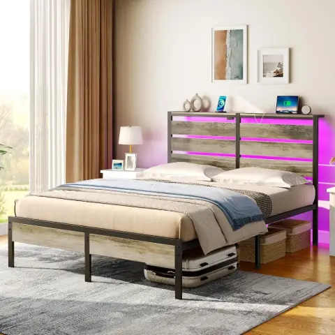 Rolanstar 160x200 cm LED headboard bed frame with power strips for charging functions Light Wood Color 160 cm×200 cm