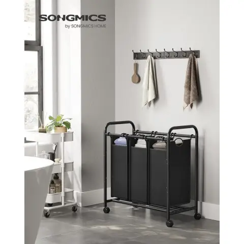 SONGMICS Laundry Basket with 3 Removable Fabric Compartments - 77.6 x 41.5 x 83.4 cm - 132 L - Black