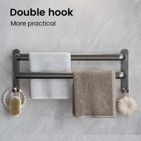 J.Zao No Drilling Bathroom Aluminum Double-Rod Towel Bar - Thickened Hanging Hooks - Towel Rack Single Rod - Kitchen and Bathroom Storage Rack, 60 cm