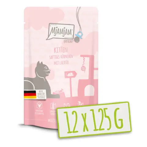MjAMjAM Quetschie – Kitten: Sappige kip met wilde zalm 125g x 12