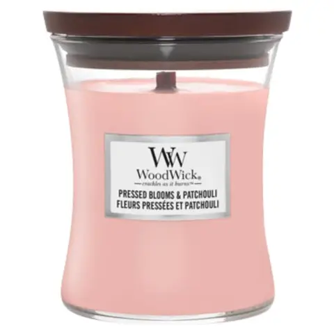 Woodwick Duftkerze Pressed Blooms & Patchouli Medium Sanduhrform