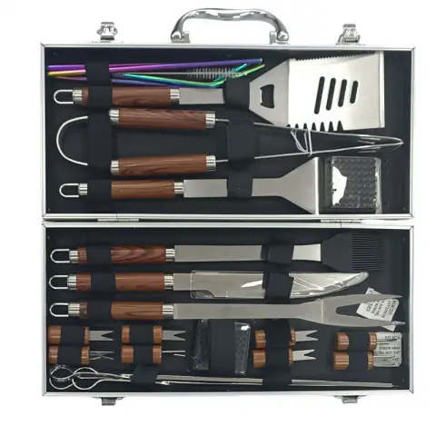 Huacan 23pcs Outdoor Camping Barbecue Tool Combination Wooden Handle Fork Shovel Clip With Cloth Bag BBQ Tools 25 Pieces Stainless Steel
