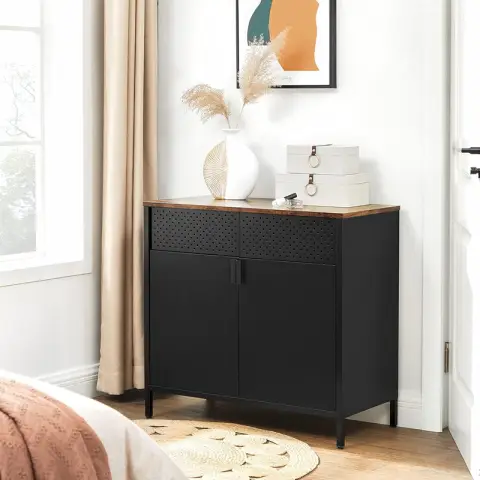 Euziel Metal Storage Cabinet with Double Door - 40 x 80 x 76 cm - Vintage Brown/Black Black