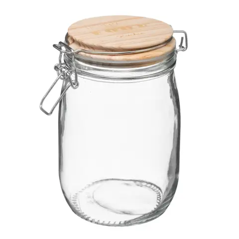 Bocal en verre avec couvercle en bois 1L avec inscription