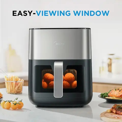Midea 6,2 L heteluchtfriteuse met kijkvenster - 1600 W energiezuinig, HeatXpress snelle luchtcirculatie, 7-in-1 voorgeprogrammeerd menu, vaatwasbestendige antiaanbakmand, digitaal display + 1 min sneltoets (model: MF-CY65E)