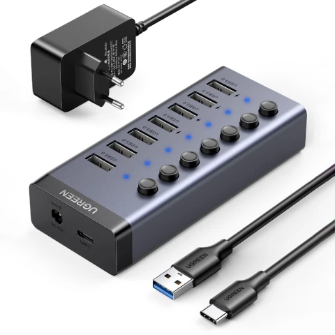 UGREEN Multifunktions-HUB 7in1 USB Typ C - 7x USB Typ A 3.0 PD DC 12V grau (CM481)