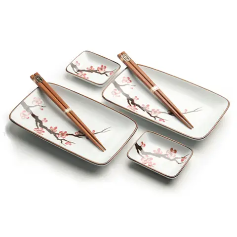Luxus-Sushi-Set Oriental Sakura für 2 Personen, 6-teilig, inklusive 2 Sushi-Teller, 2 Sushi-Schalen, 2 Sushi-Stäbchen 22cm*12.5cm*H2.5cm