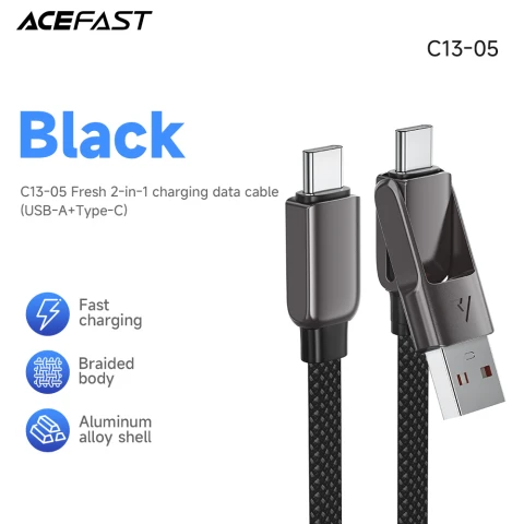 ACEFAST C13-05 60W 0.2M Dual Input (USB-A & Type-C) Fast-charging and Data Cable - Black 